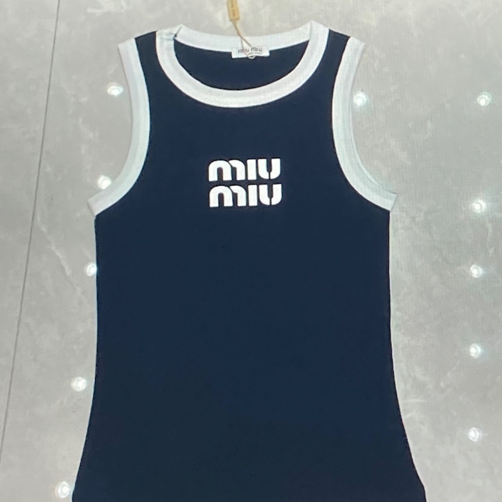 Miu Miu Dark Blue and White Sleeveless Top